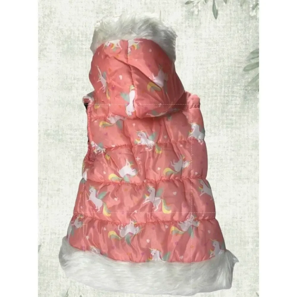 Little Lass Girls 5T Unicorn Puffer Vest Pink Faux Fur Hood Silver Toggles
